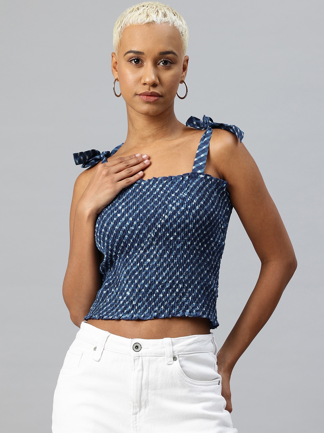 

VARUSHKA Tie & Dye Print Smocked Cotton Crop Top, Blue