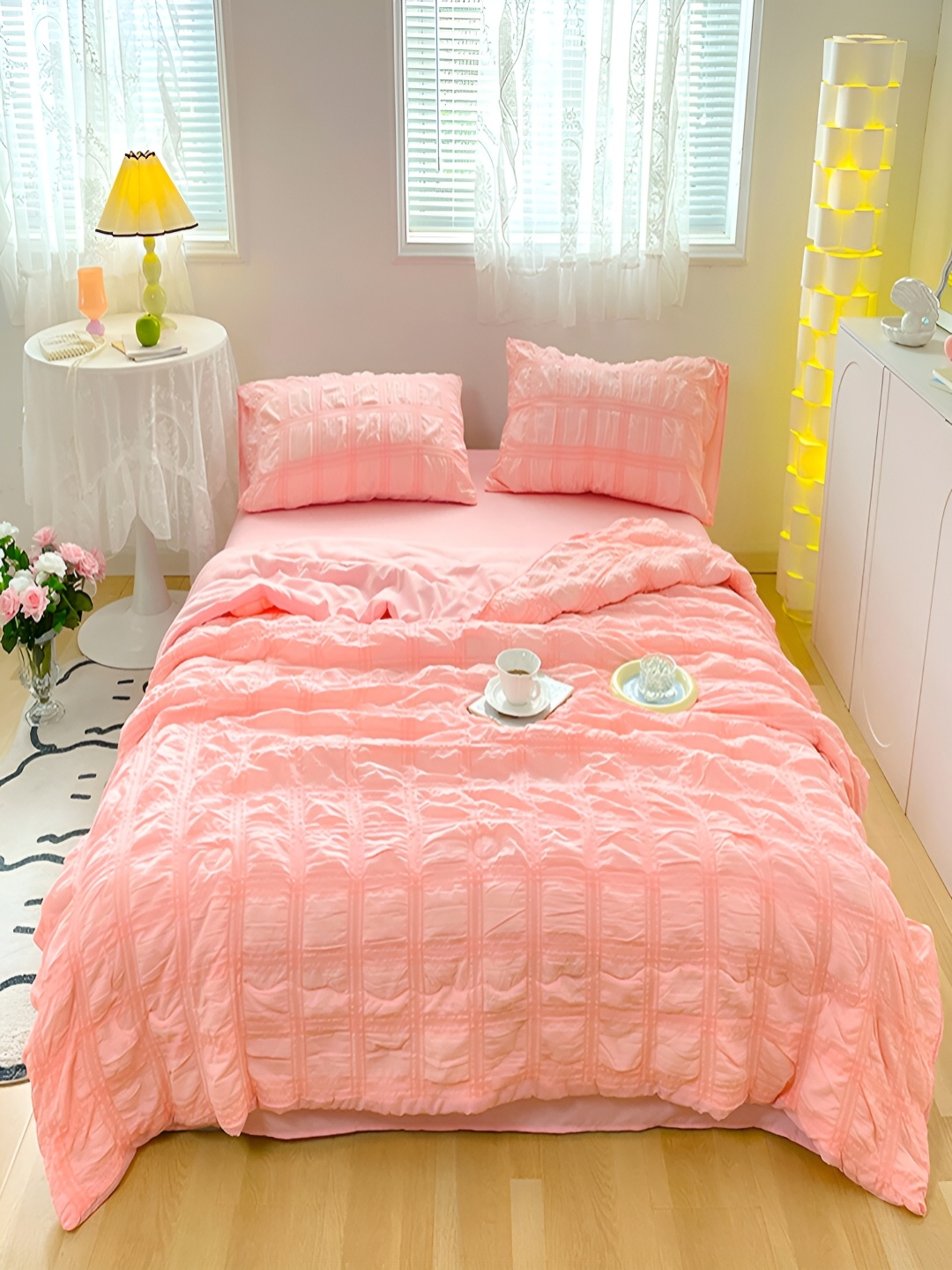 

JC HOME Pink Geometric Printed Single Bedding Set