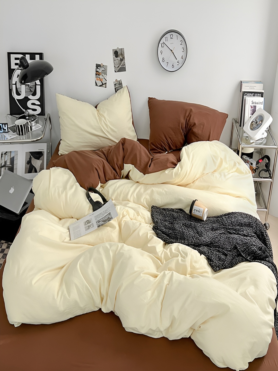 

JC HOME Coffee Brown & Cream-Coloured Double Queen Bedding Set