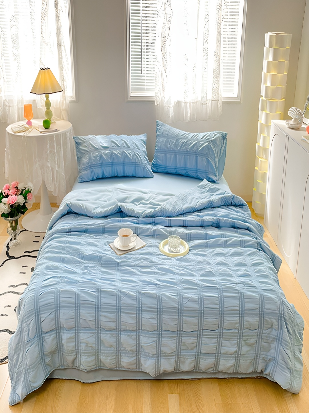 

JC HOME Blue Solid Polycotton 4 Piece Single Regular Bedding Set