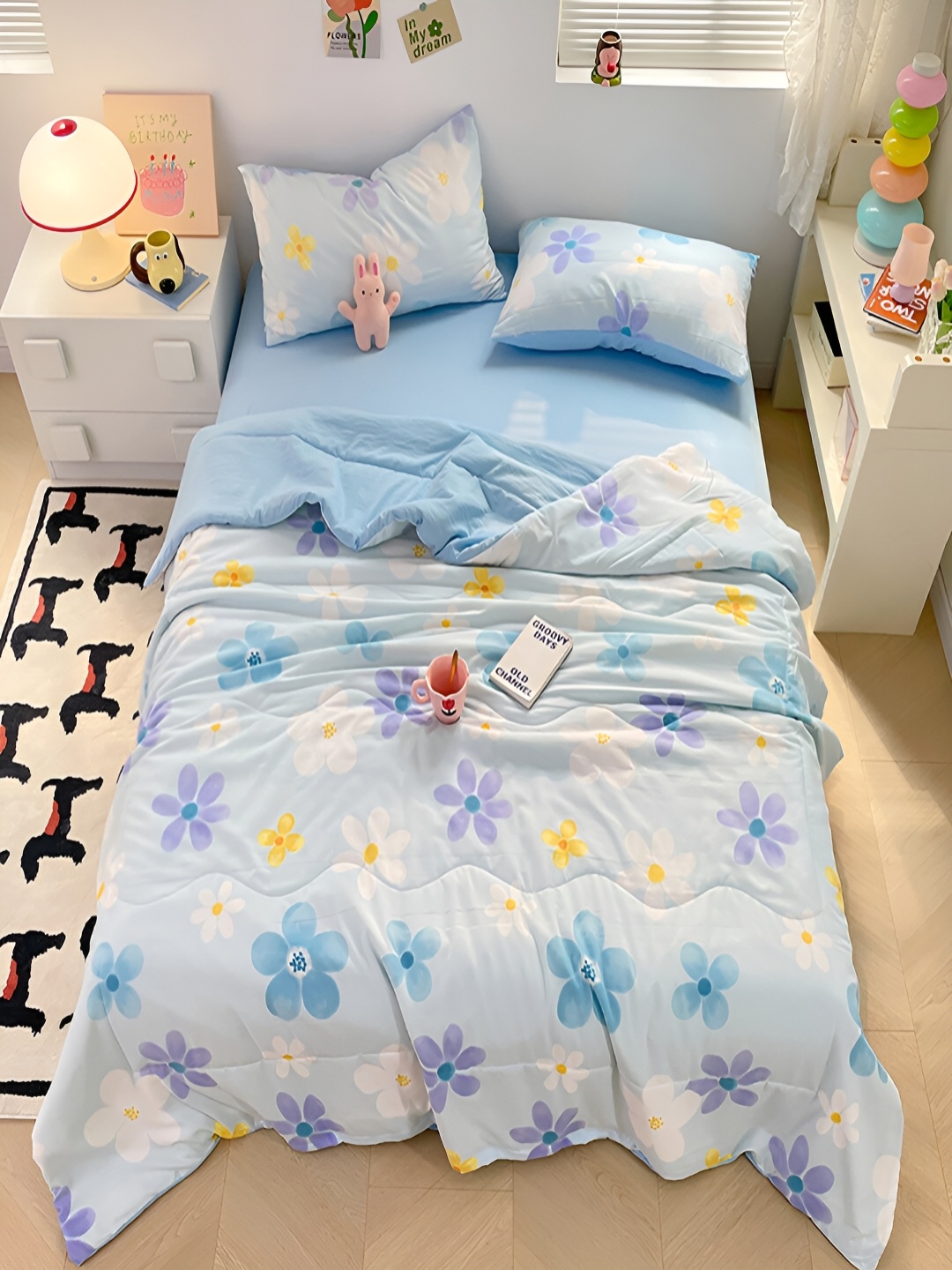 

JC HOME Blue & White Floral Double Queen Bedding Set