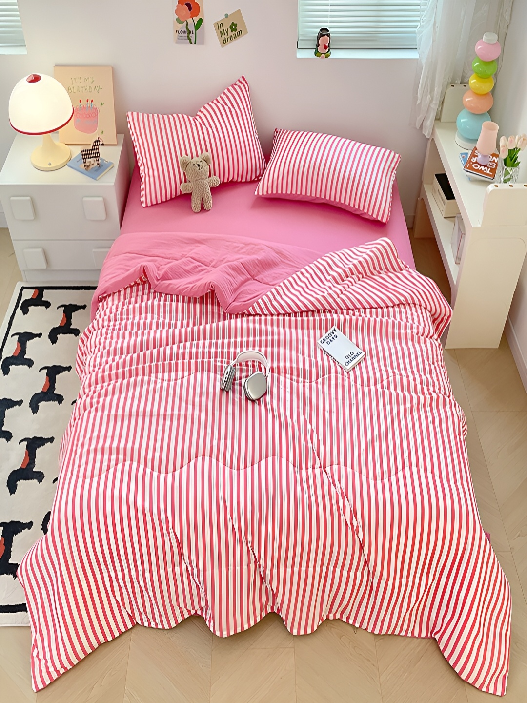 

JC HOME Pink & White Striped AC Room Double Queen Bedding Set