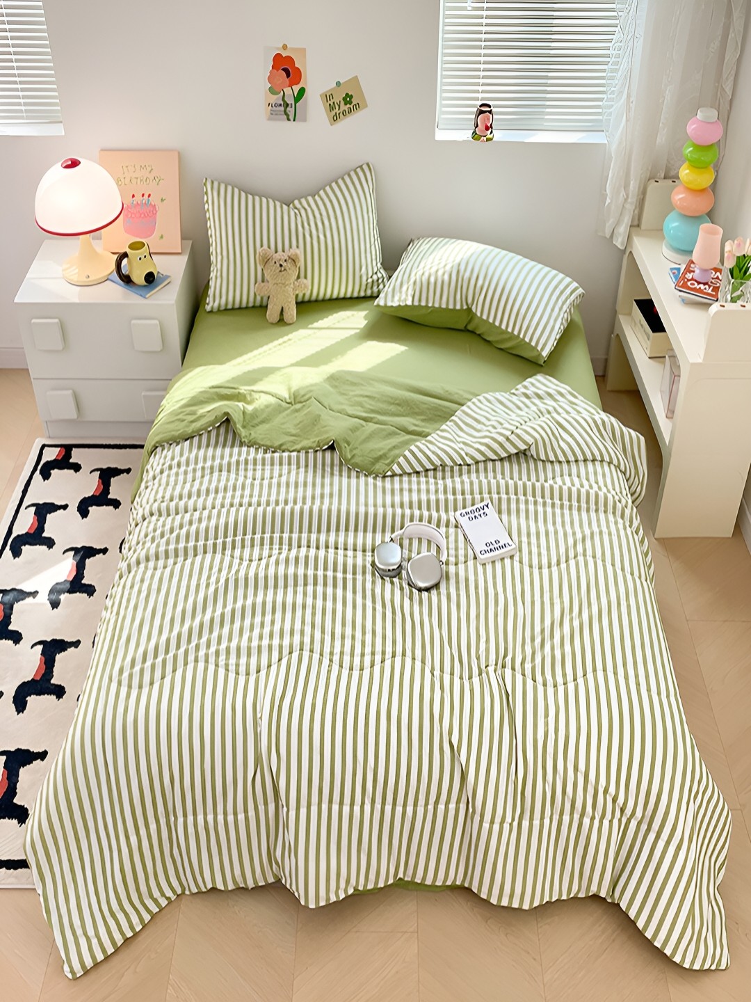 

JC HOME Green & White 4 Pieces Striped Double King Bedding Set