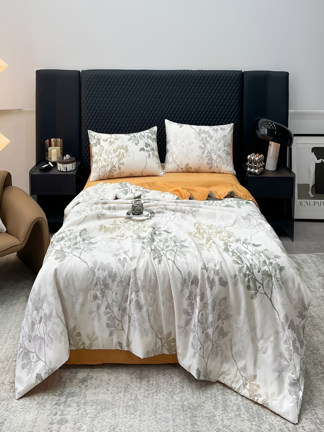 

JC HOME Yellow & White 4 Pieces Floral Printed Double King Regular Bedding Set