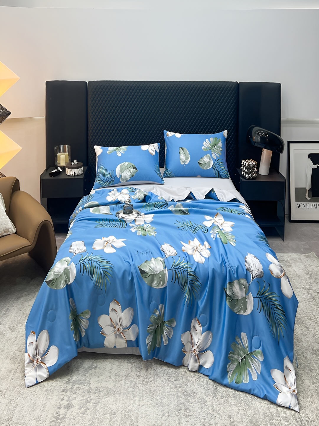 

JC HOME Grey & Blue 4 Pieces Floral Double Queen Bedding Set