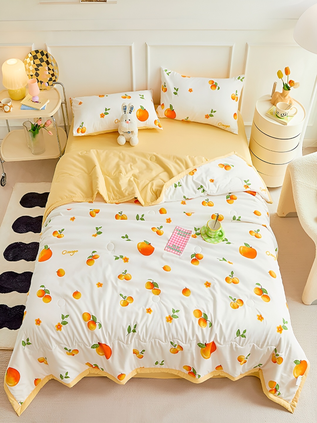 

JC HOME Yellow & White Floral Printed Double Queen Bedding Set