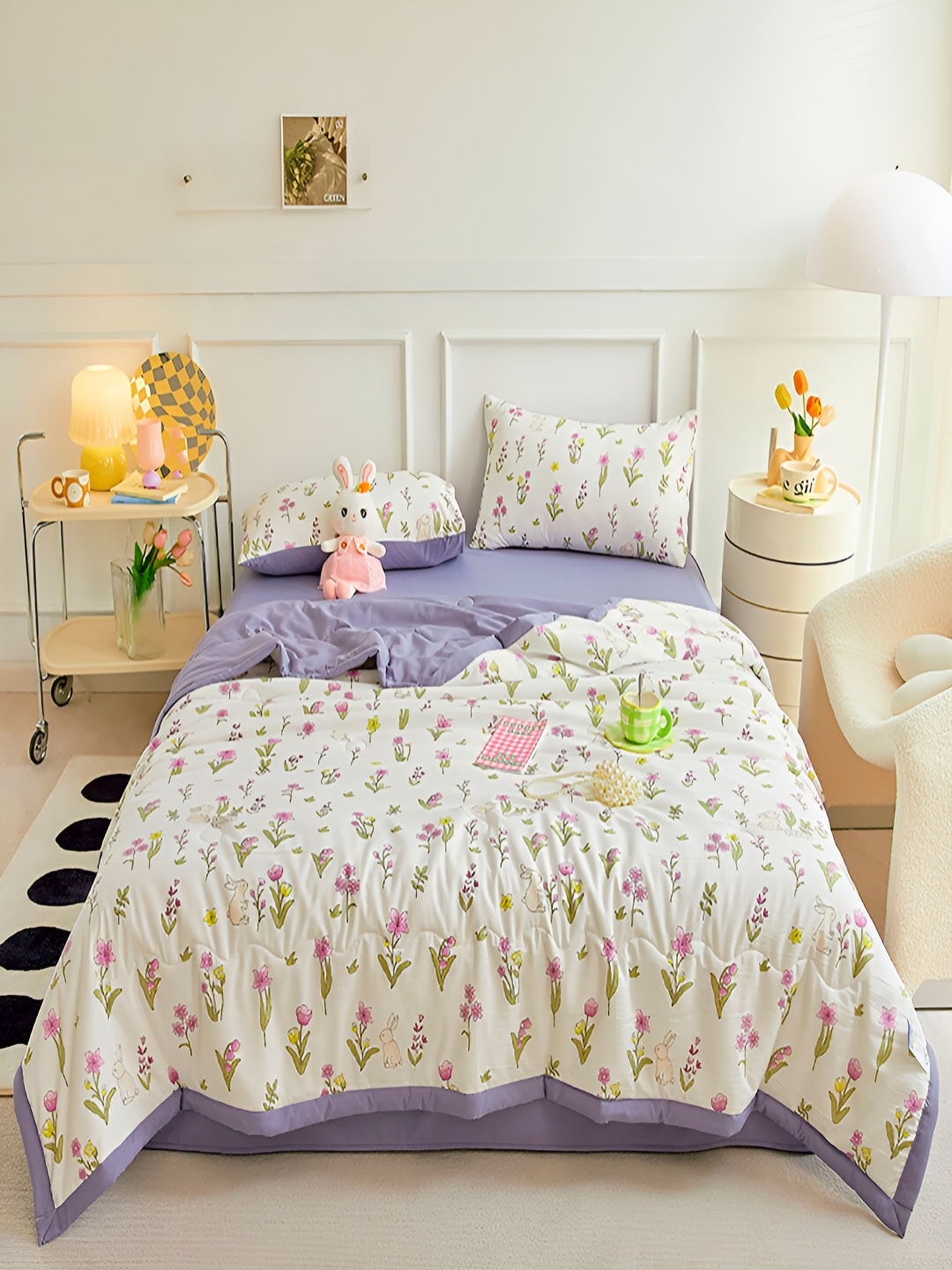 

JC HOME Purple & Green 4 Pieces Floral Double Queen Regular Bedding Set