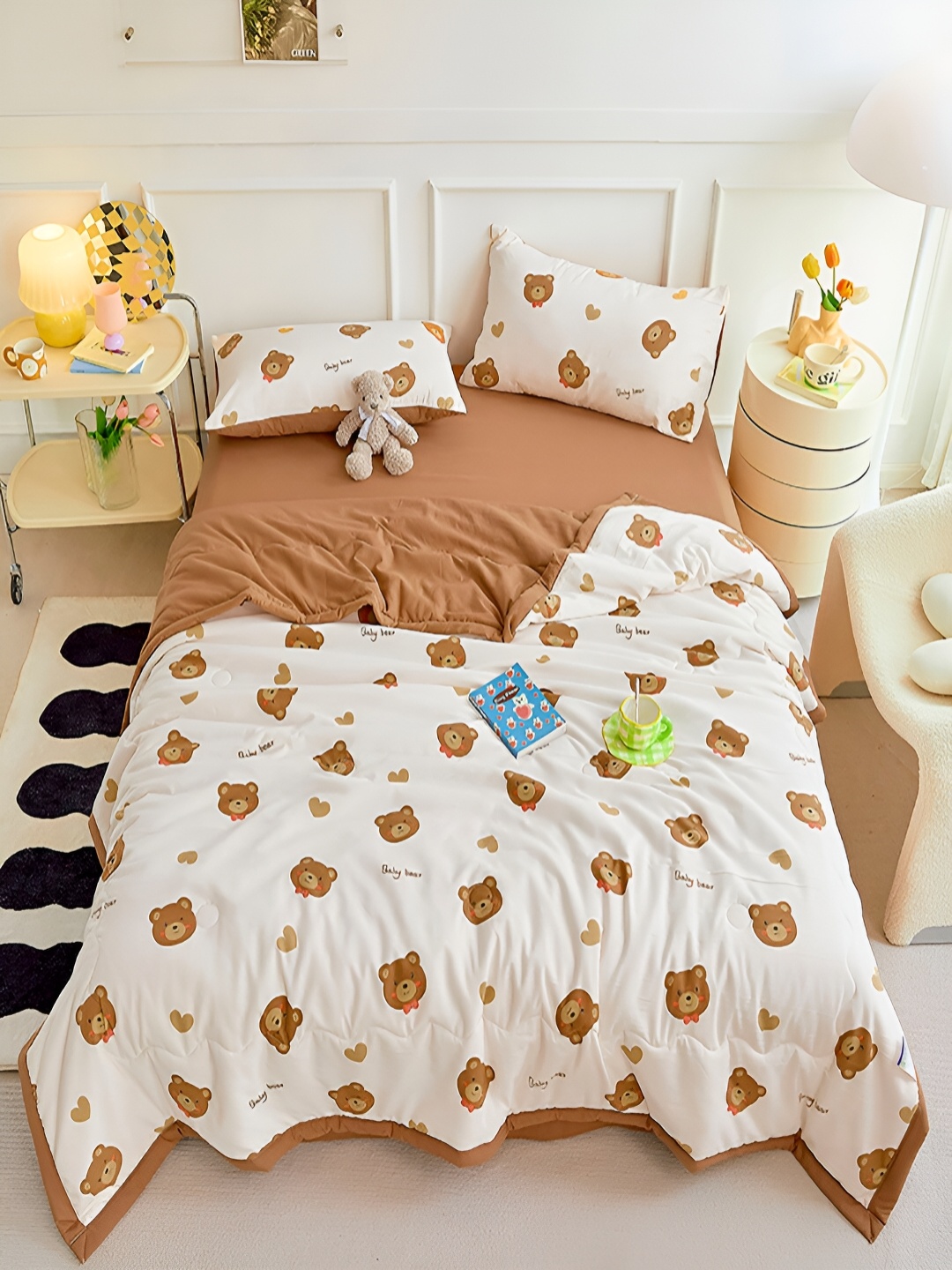 

JC HOME Brown & White Solid Polycotton 4 Piece Single Regular Bedding Set