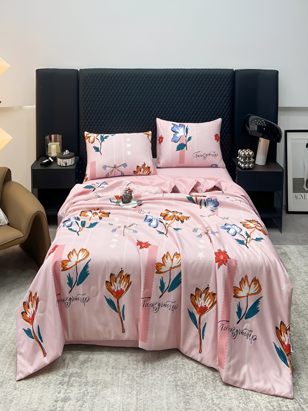 

JC HOME Pink & Orange Floral AC Room Double King Bedding Set