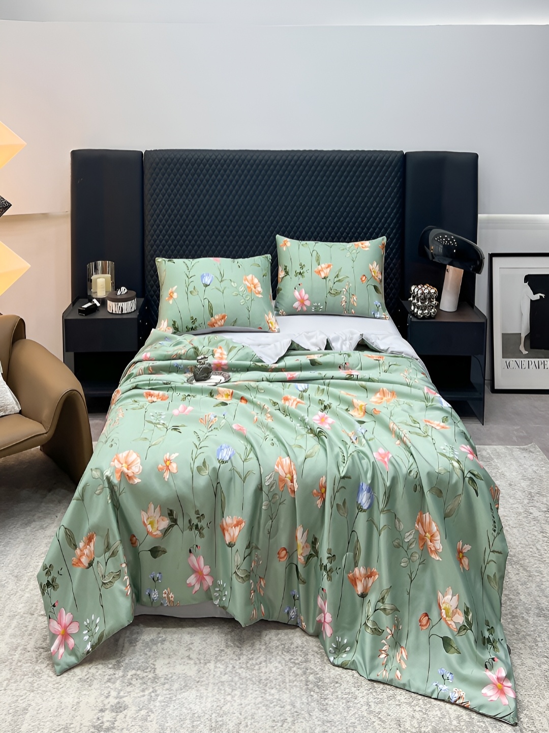 

JC HOME Grey & Green Floral AC Room Double King Bedding Set