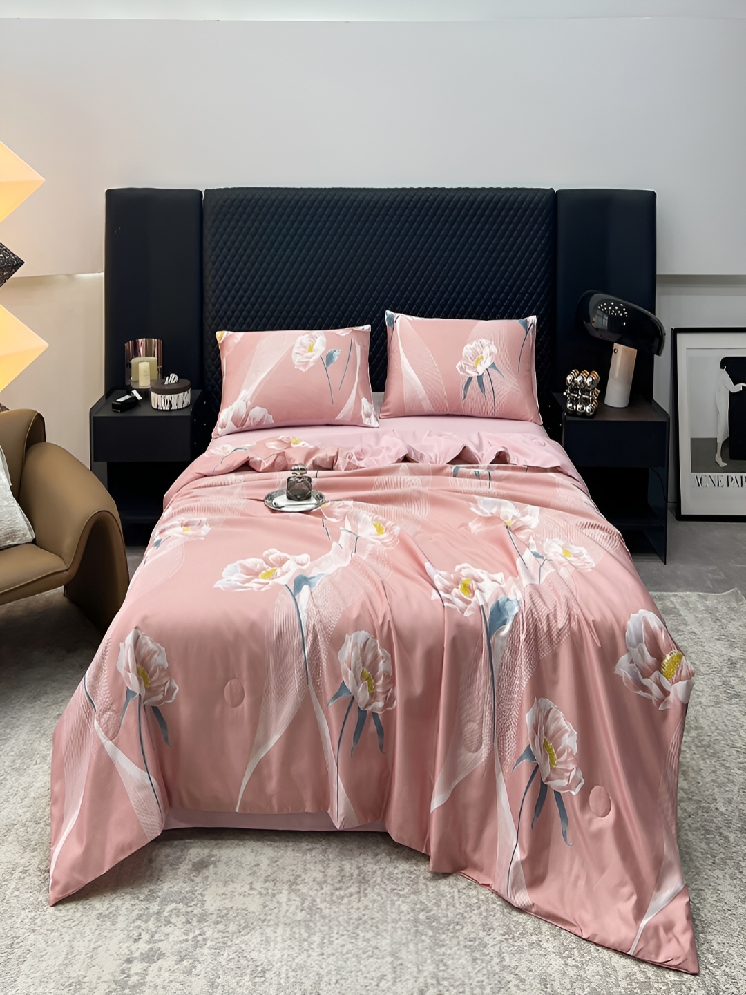 

JC HOME Pink & White Floral AC Room Double King Bedding Set