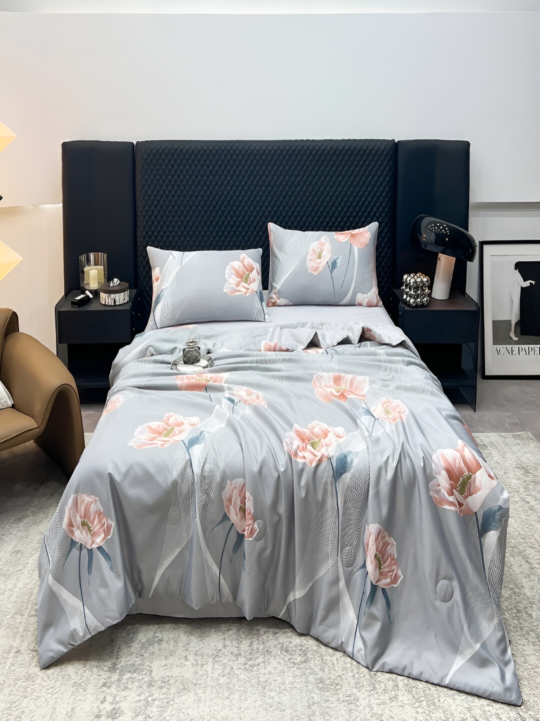 

JC HOME Grey & Peach 4 Pieces Floral Printed Double Queen Regular Bedding Set