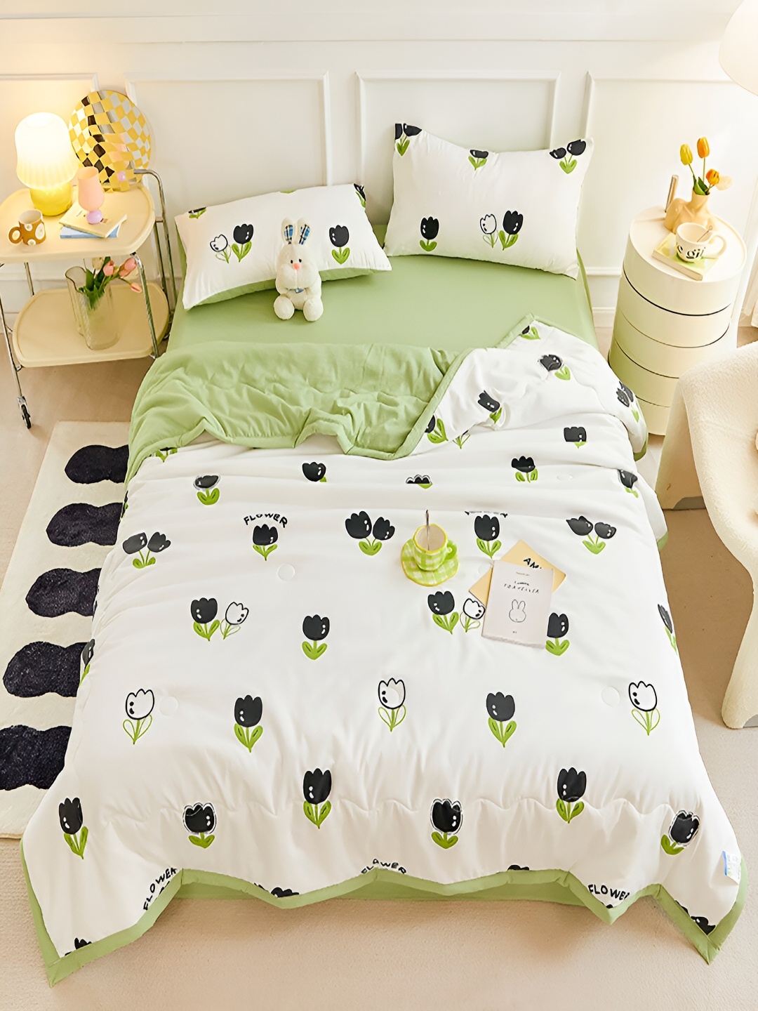 

JC HOME Green & White 4 Pieces Floral Double Queen Bedding Set
