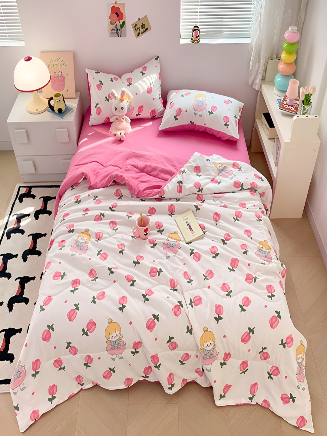 

JC HOME Pink & Green 4 Pieces Floral Double King Bedding Set