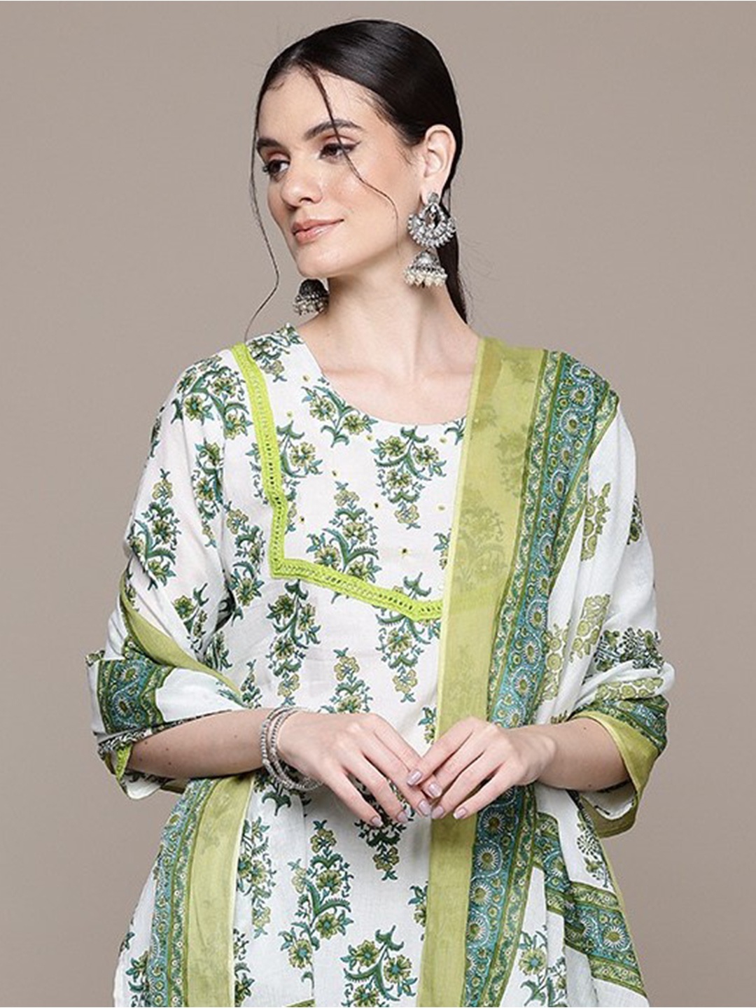 Readiprint Women Floral Thread Work Pure Cotton Kurta with Trousers & Dupatta, White