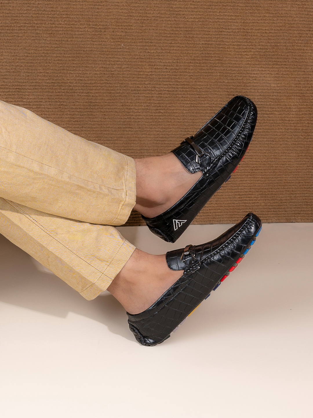 Alberto Torresi Men Textured Lightweight Horsebit Loafers, Black