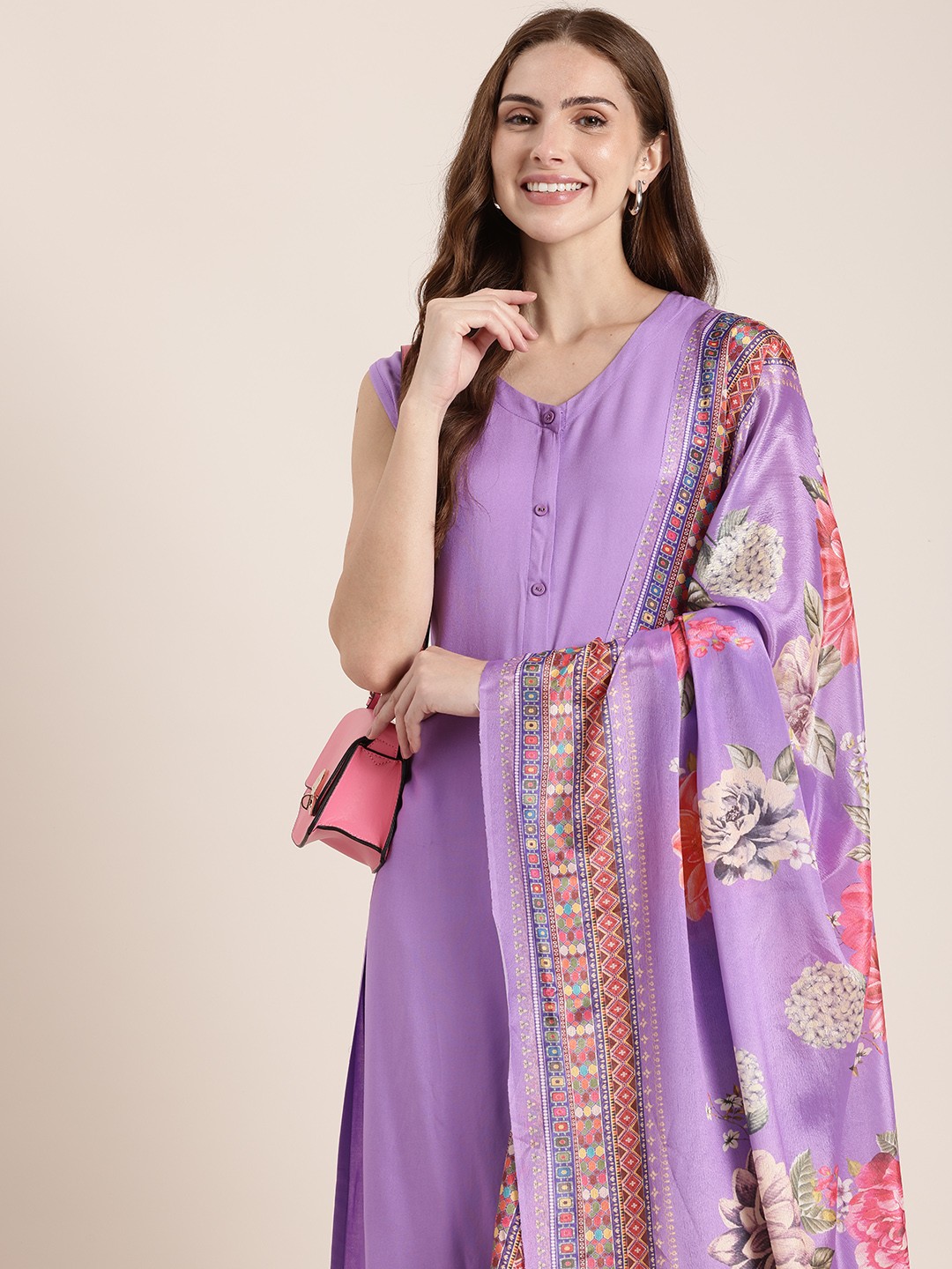

HERE&NOW Women Solid Regular Kurta with Trousers & With Dupatta, Purple