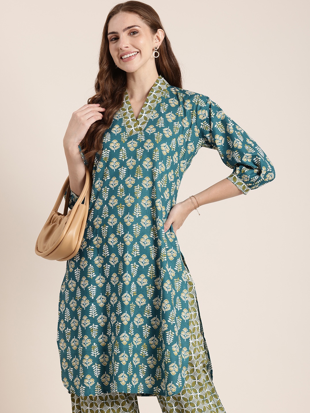 

HERE&NOW Women Floral Printed Regular Pure Cotton Kurta with Trousers, Teal