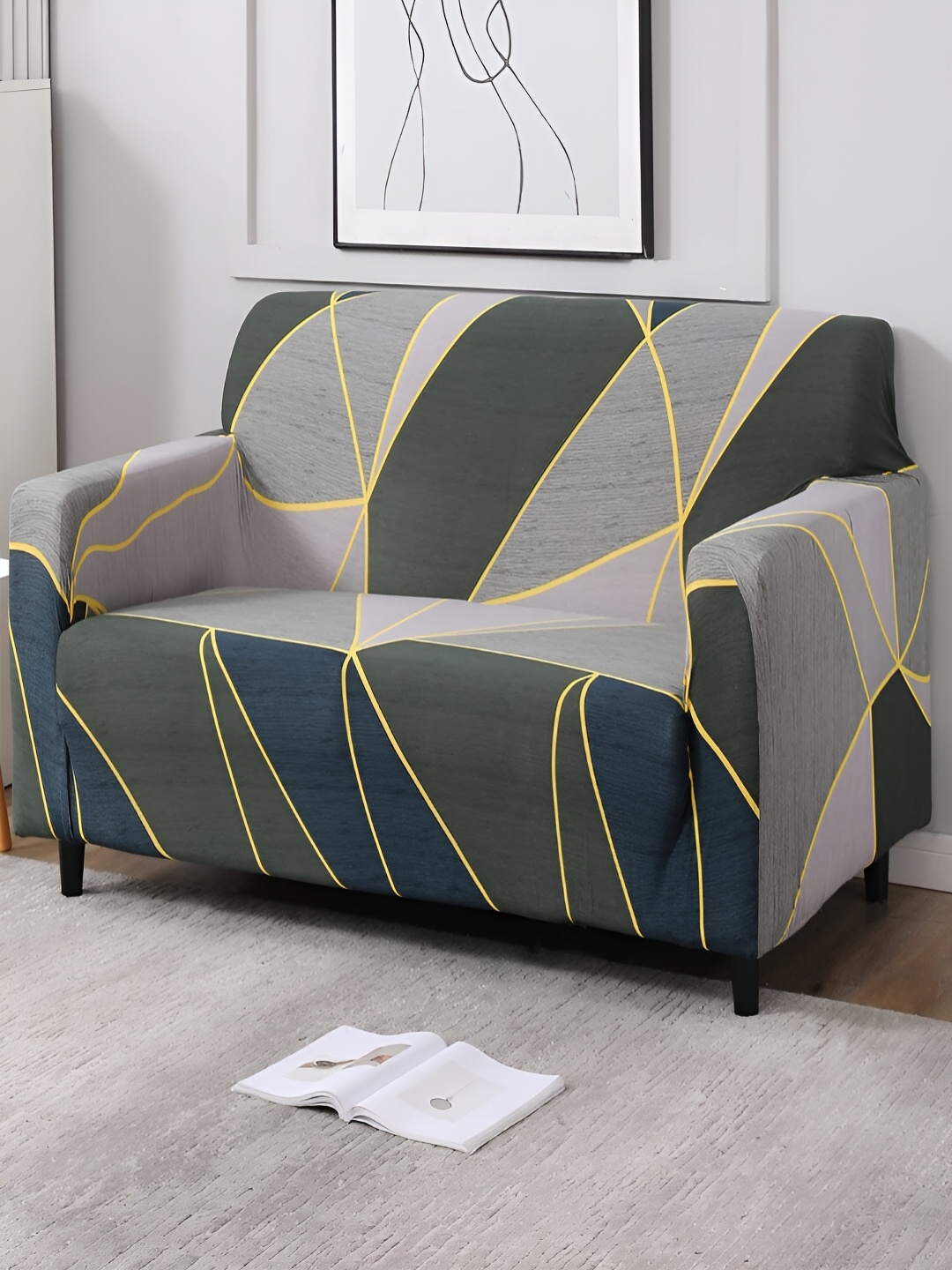 

HOKIPO Grey & Blue Abstract Printed 2 Seater Sofa Cover With Arms