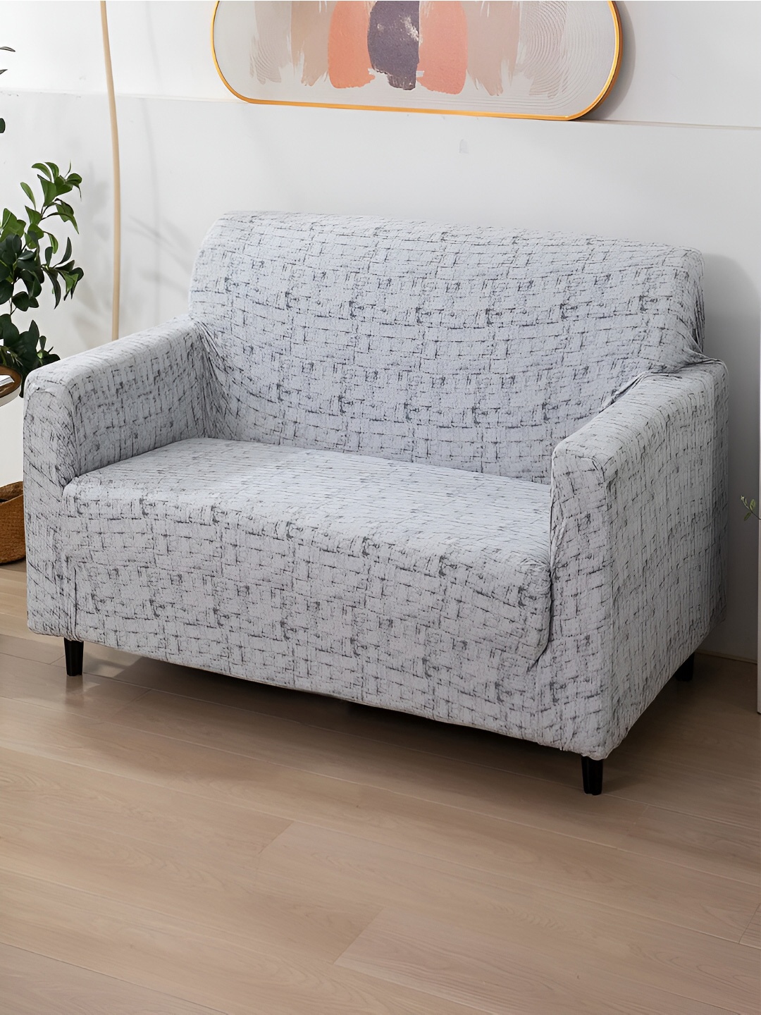 

HOKIPO Grey & White Printed 2 Seater Sofa Cover With Arms