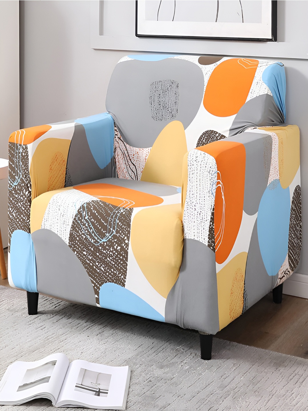 HOKIPO Orange & White Printed 1 Seater Sofa Cover With Arms