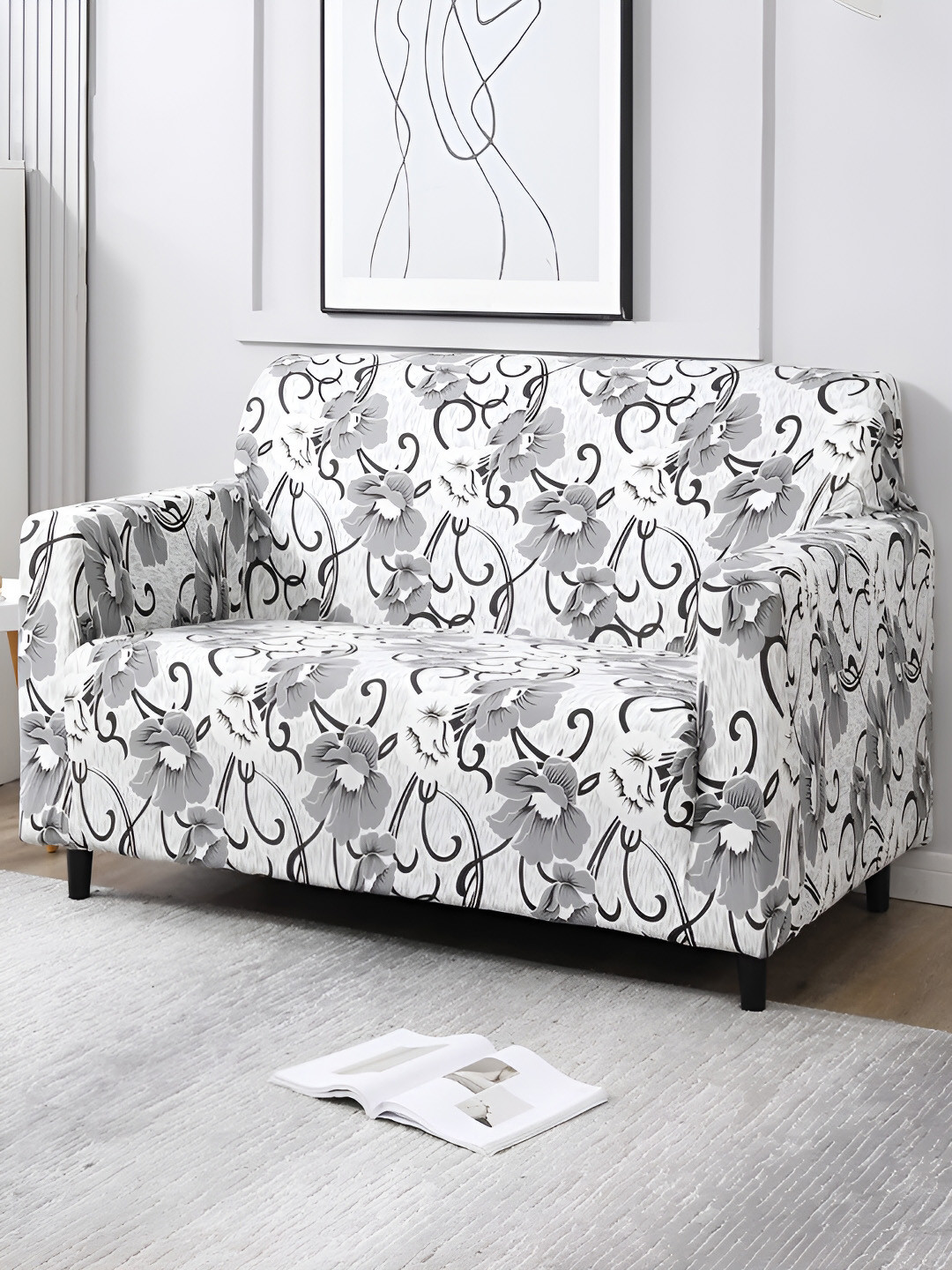 

HOKIPO White & Black Printed 2 Seater Sofa Cover With Arms