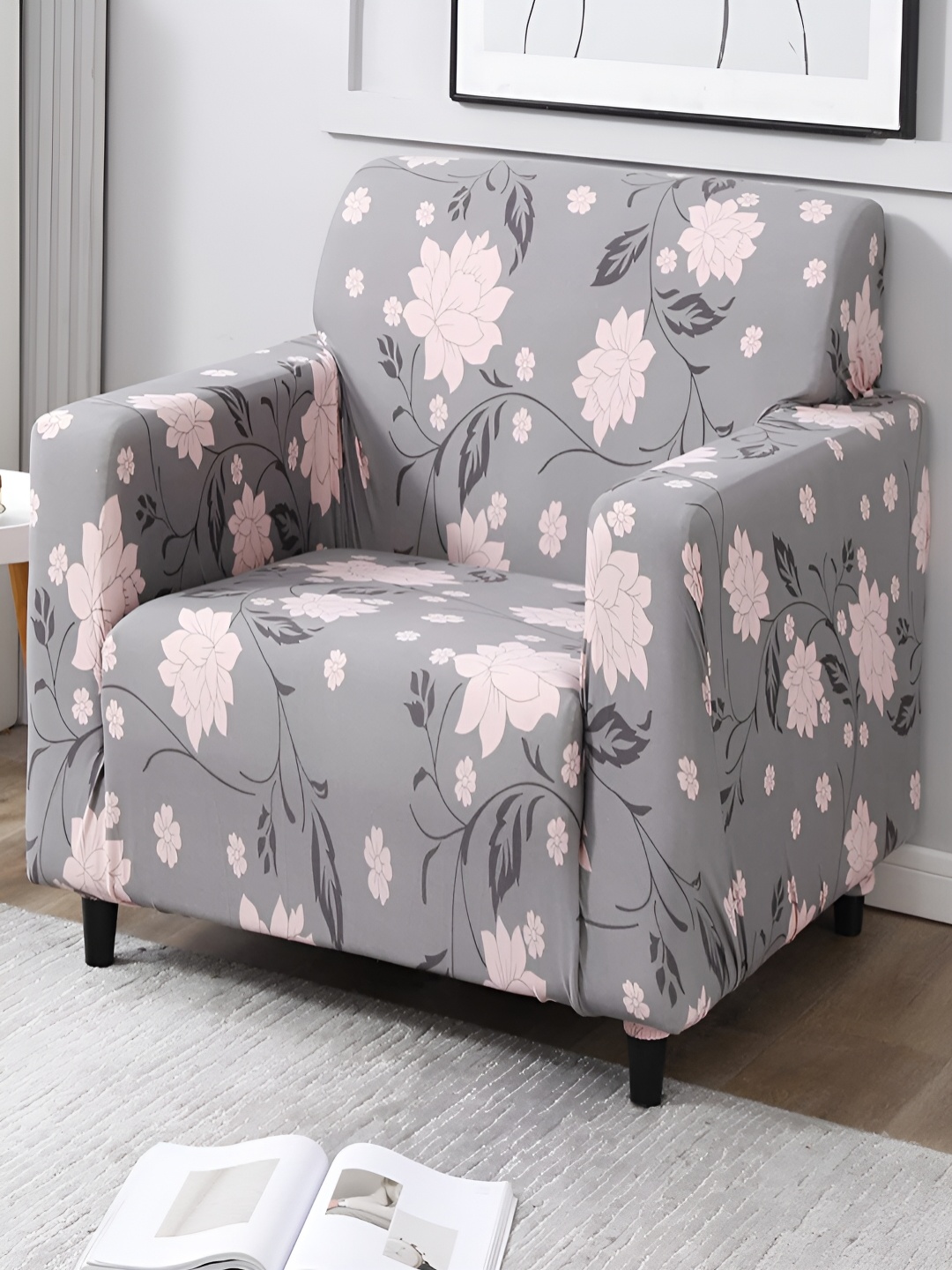 

HOKIPO Grey & Pink Printed 1 Seater Sofa Cover With Arms