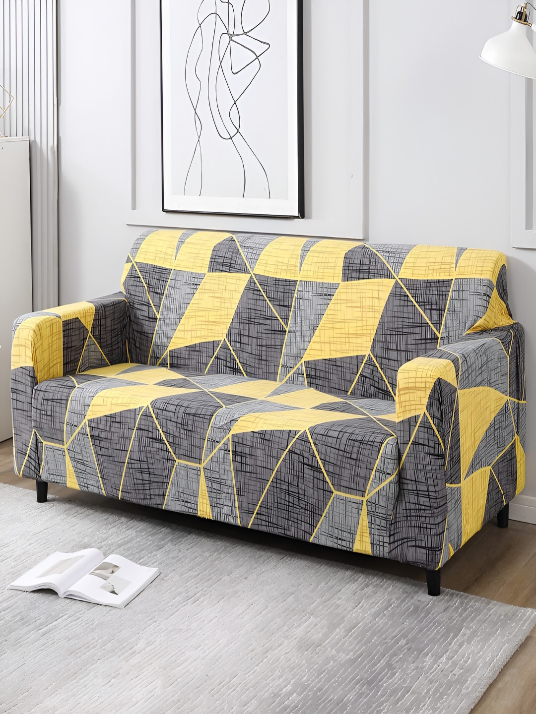 HOKIPO Grey & Yellow Printed 3 Seater Sofa Cover With Arms