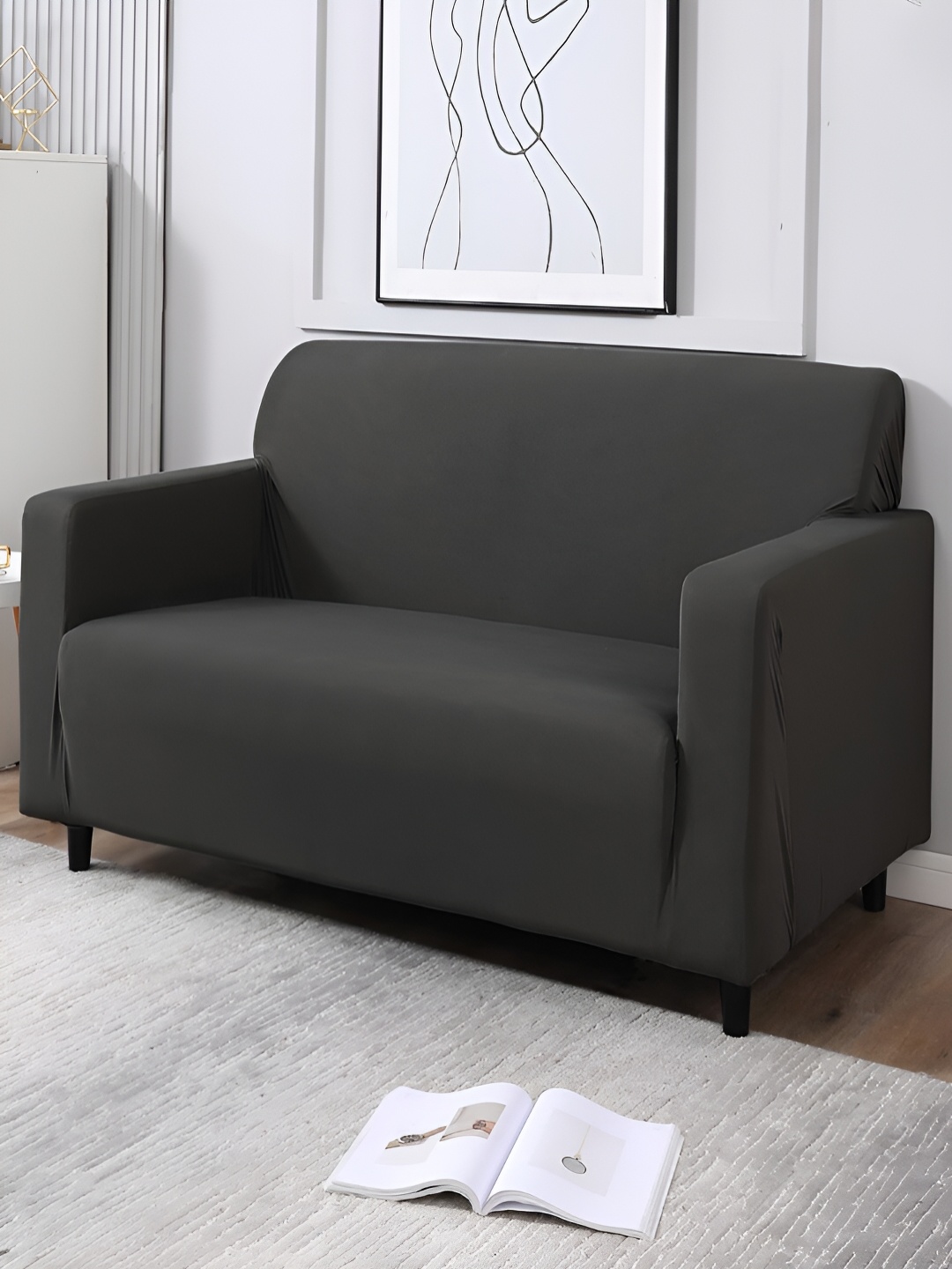

HOKIPO Grey 2 Seater Stretchable Sofa Cover With Arms