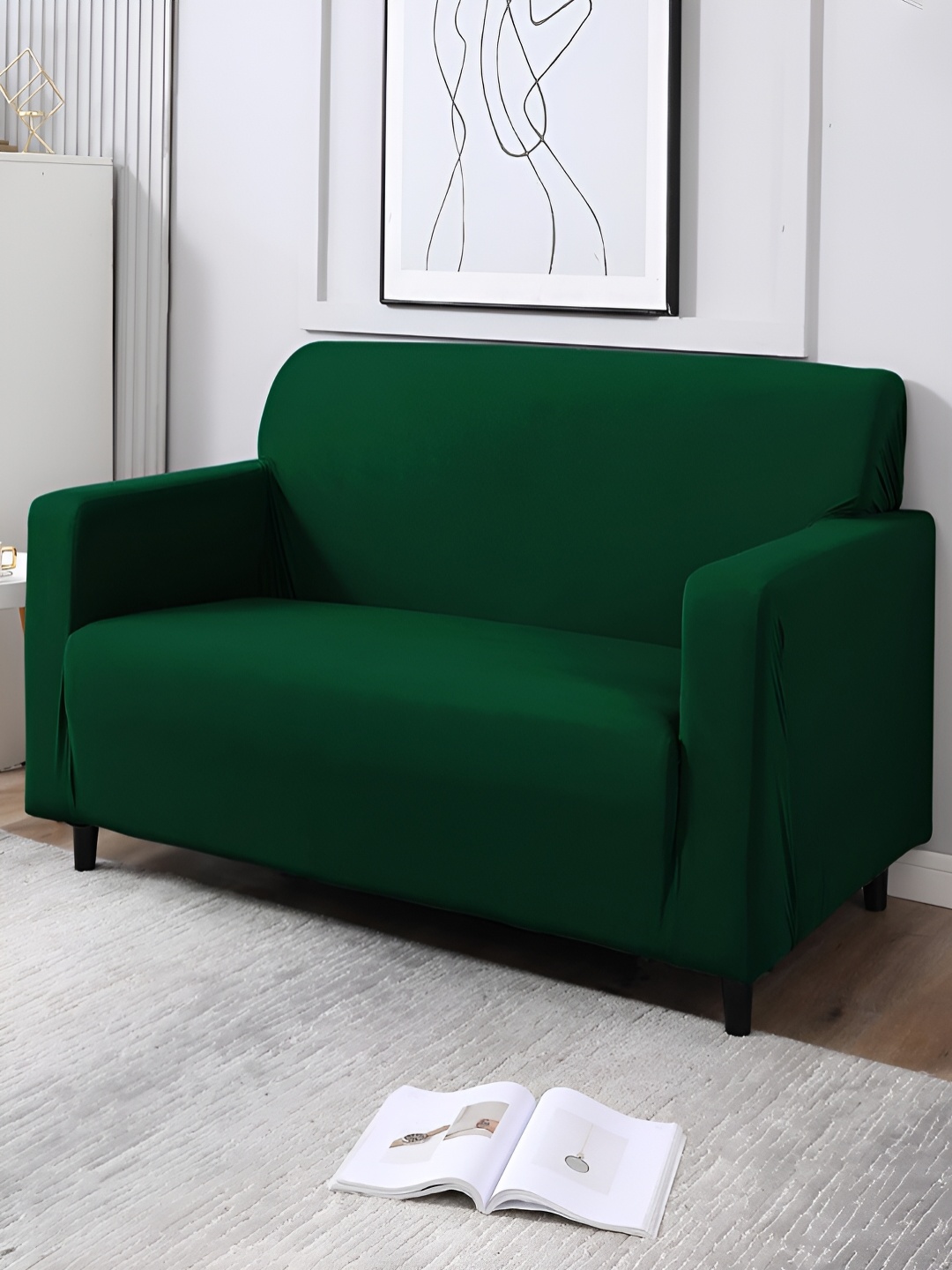 HOKIPO Green Polyester 2 Seater Sofa Cover With Arms