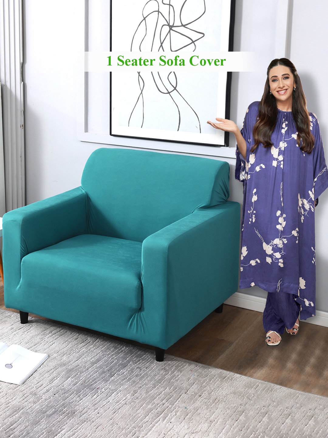 

HOKIPO Blue Polyester Stretchable 1 Seater Sofa Cover With Arms