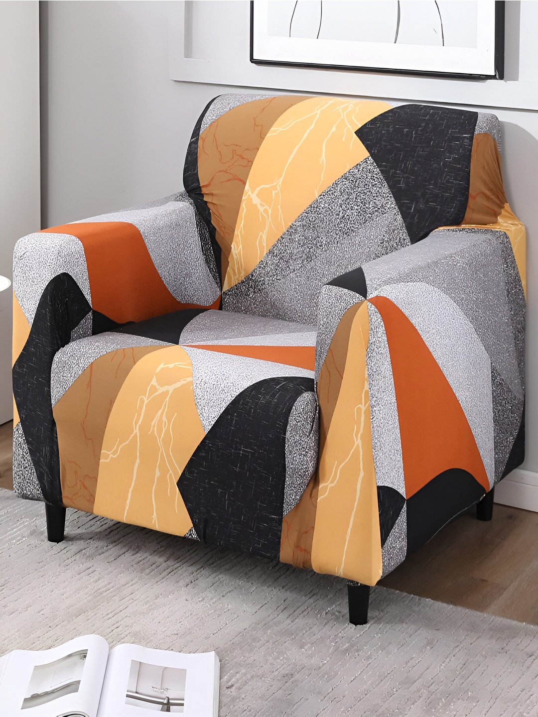

HOKIPO Grey & Yellow Printed 1 Seater Sofa Cover With Arms
