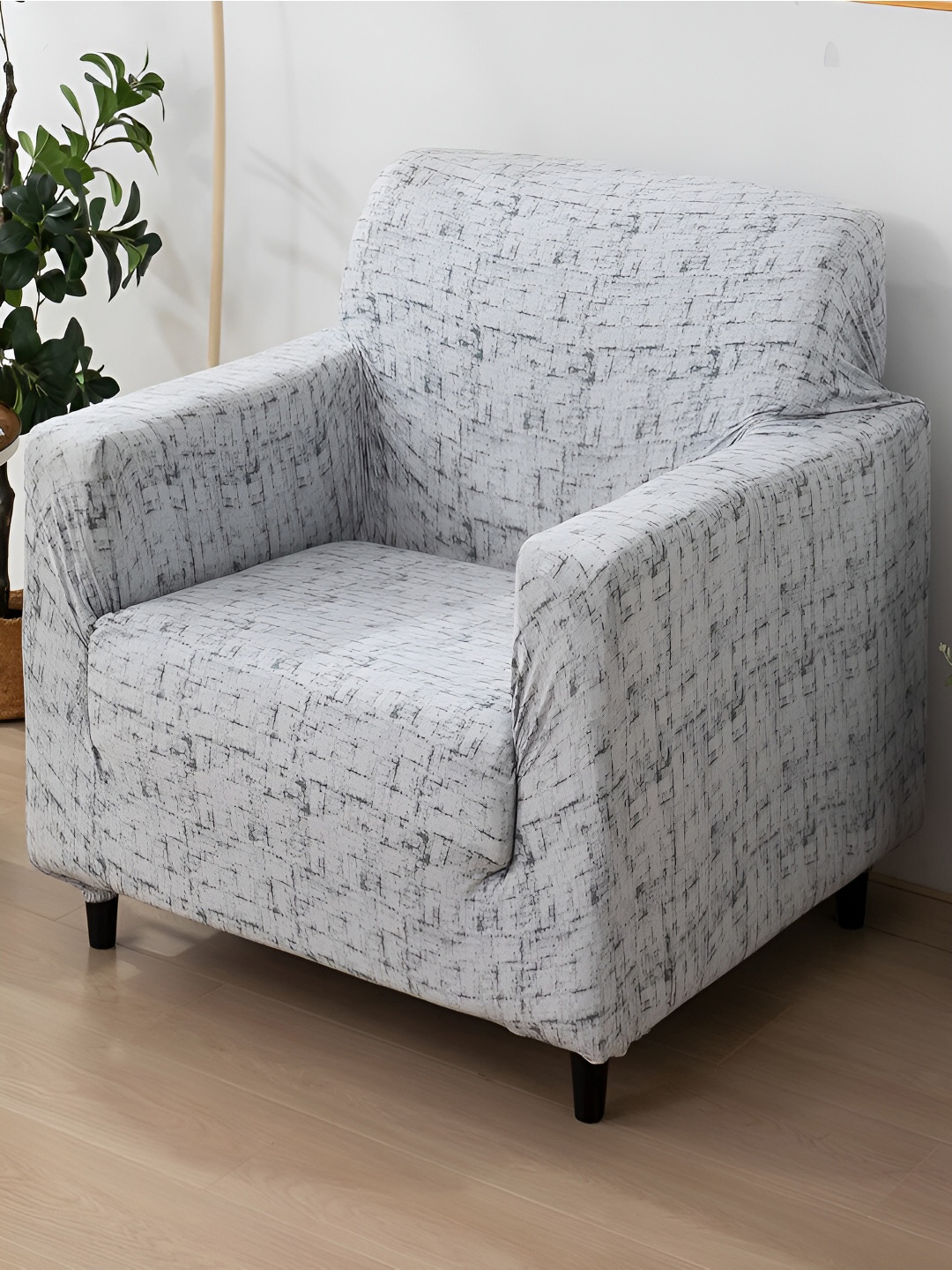HOKIPO Grey Printed 1 Seater Sofa Cover With Arms