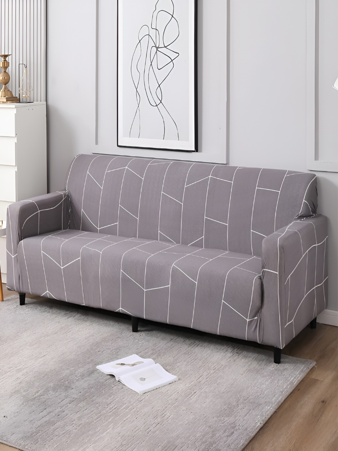 

HOKIPO Grey Printed 4 Seater Elasticated Sofa Cover With Arms