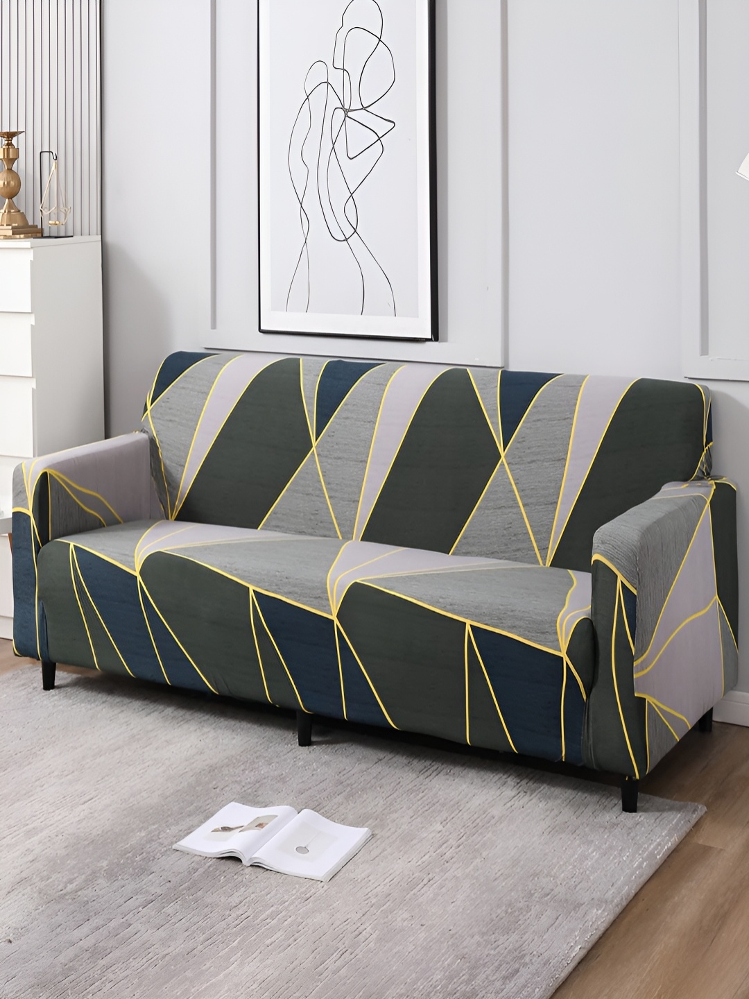 HOKIPO Teal & Grey Printed 4 Seater Sofa Cover With Arms
