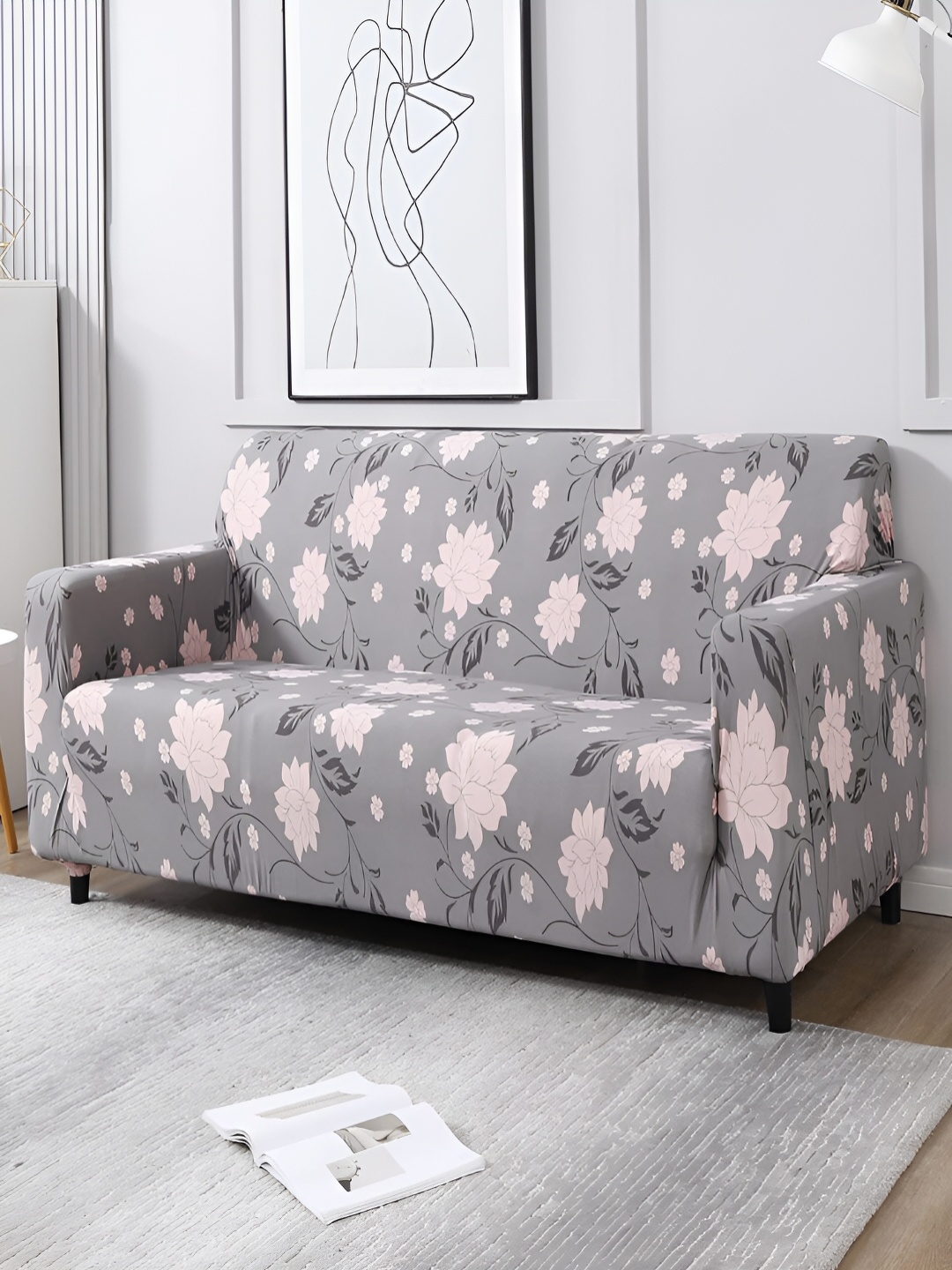 

HOKIPO Grey & Pink Printed 3 Seater Elasticated Sofa Cover With Arms