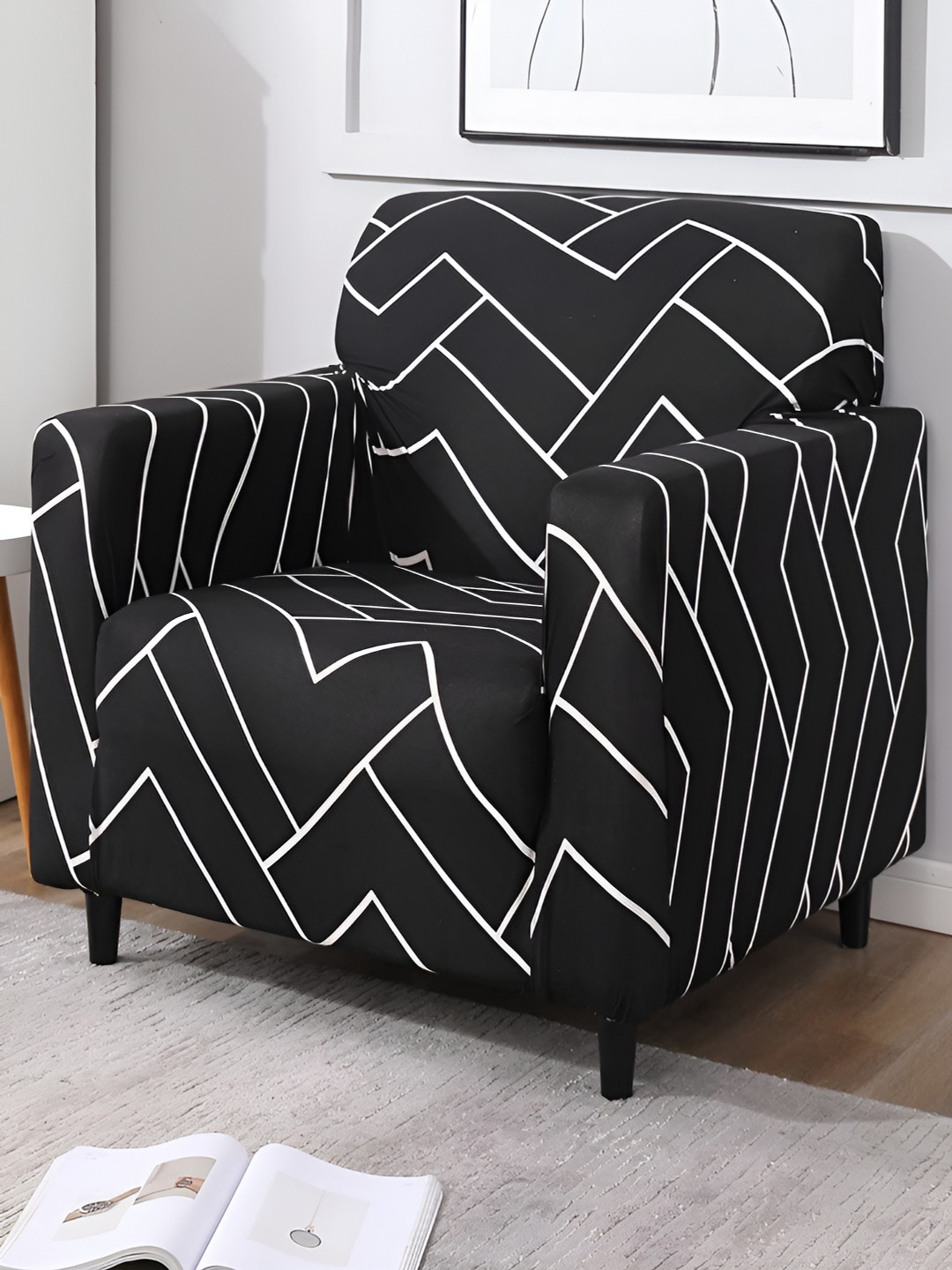

HOKIPO Black Printed Stretchable Elastic Couch Sofa Cover With Arms