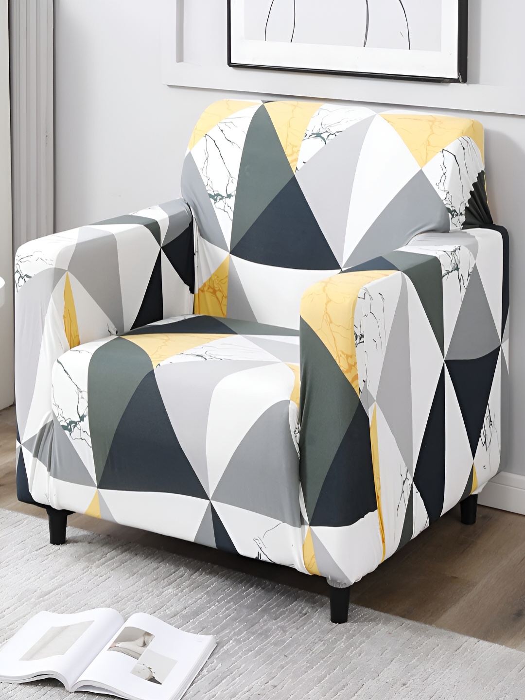 HOKIPO White & Grey Abstract Printed Stretchable Sofa Cover With Arms