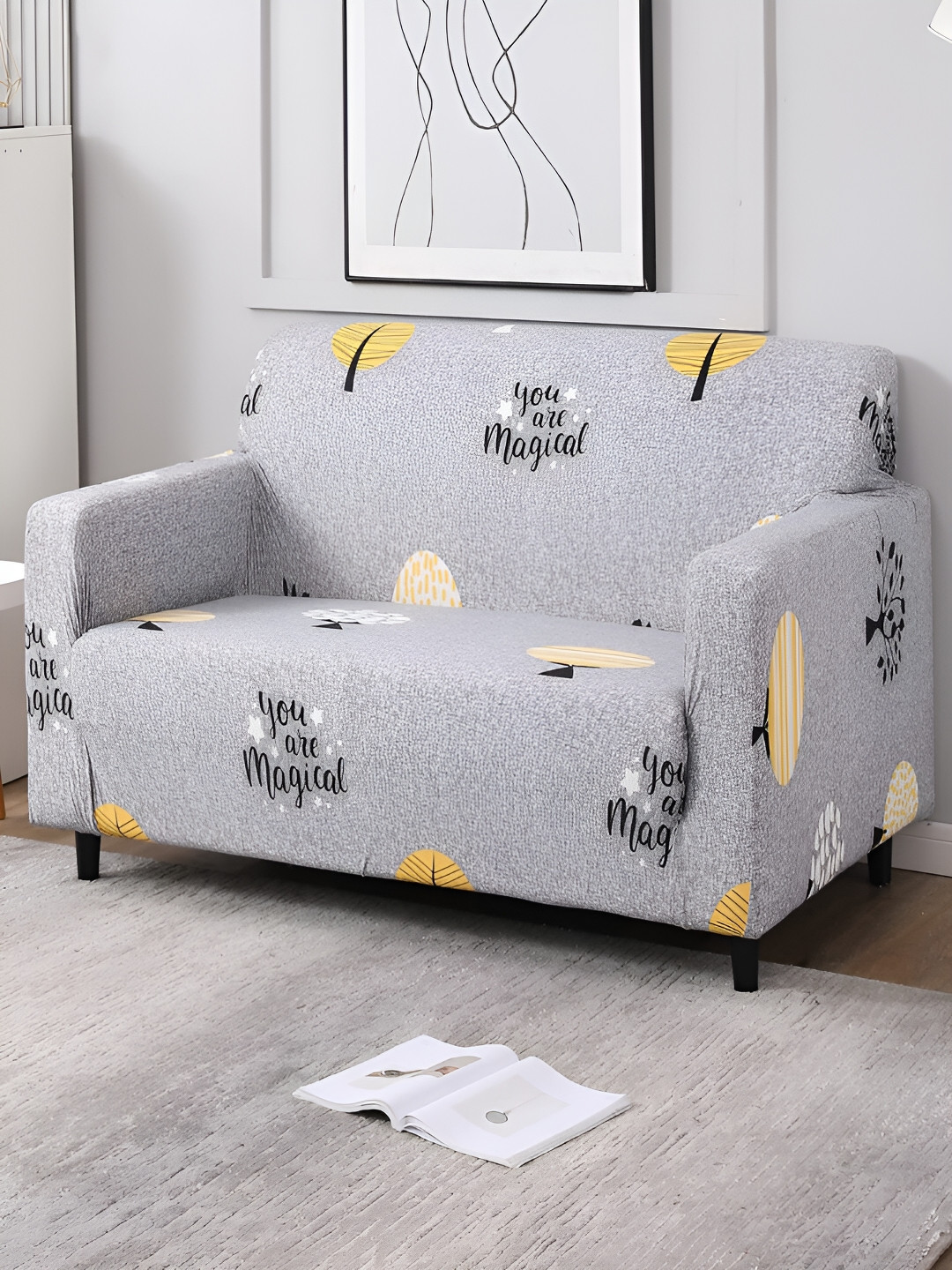 

HOKIPO Grey & Black Printed 2 Seater Elasticated Sofa Cover With Arms