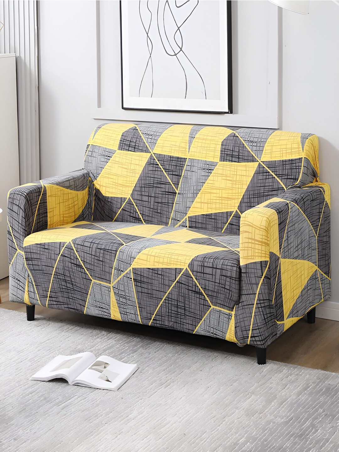 

HOKIPO Grey & Yellow Printed 2 Seater Sofa Cover With Arms