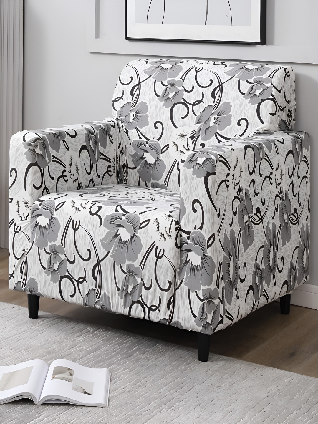 

HOKIPO White & Grey Printed 1 Seater Sofa Cover With Arms