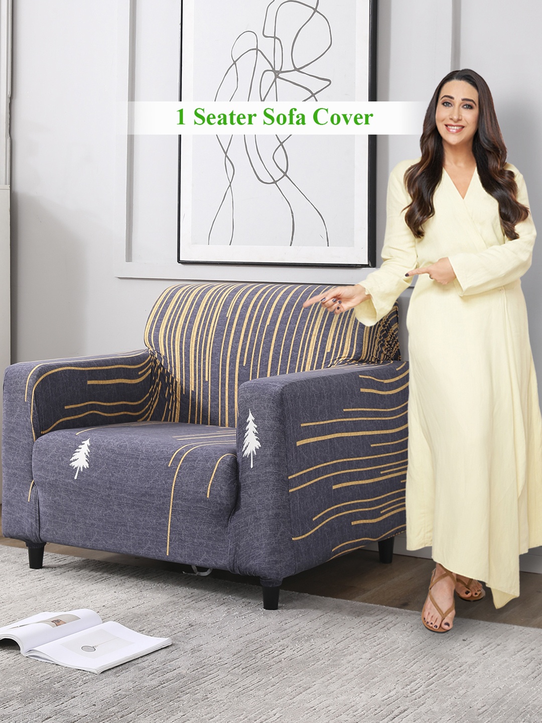 

HOKIPO Blue & Orange Printed Elasticated Sofa Cover With Arms