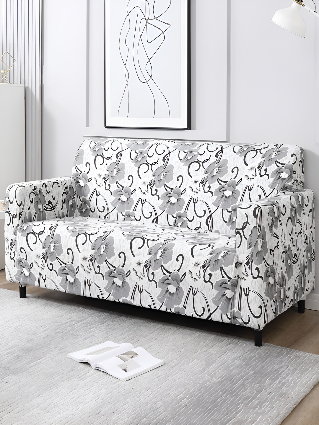 

HOKIPO White & Grey Printed Elastic Stretchable 3 Seater Sofa Cover With Arms