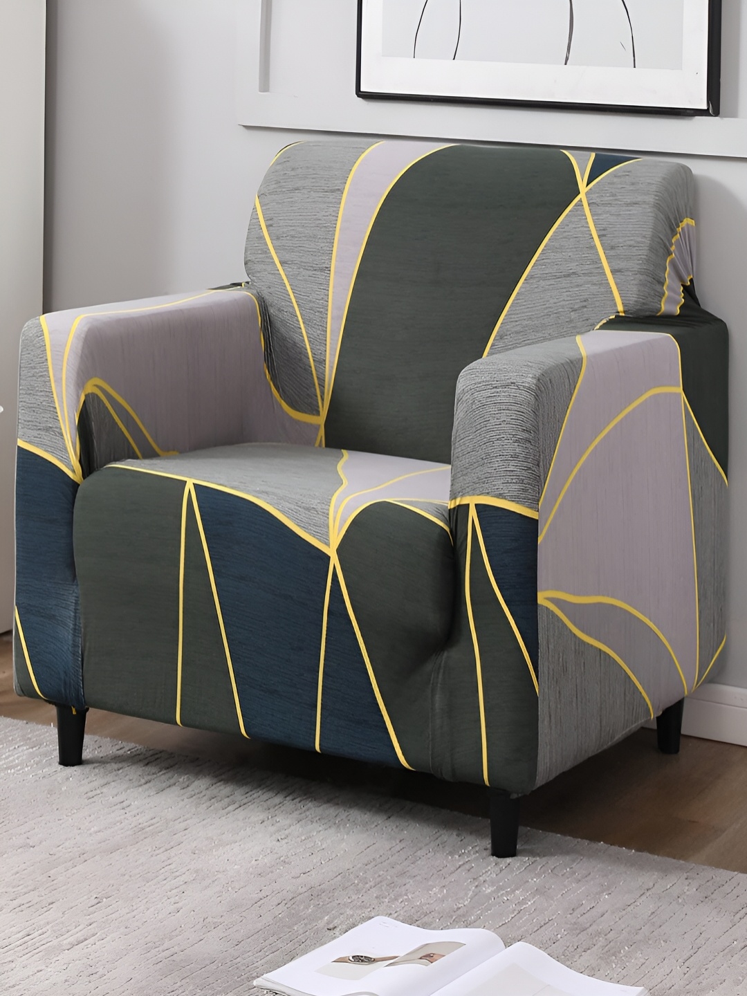 

HOKIPO Grey & Yellow Printed Elasticated Sofa Cover With Arms