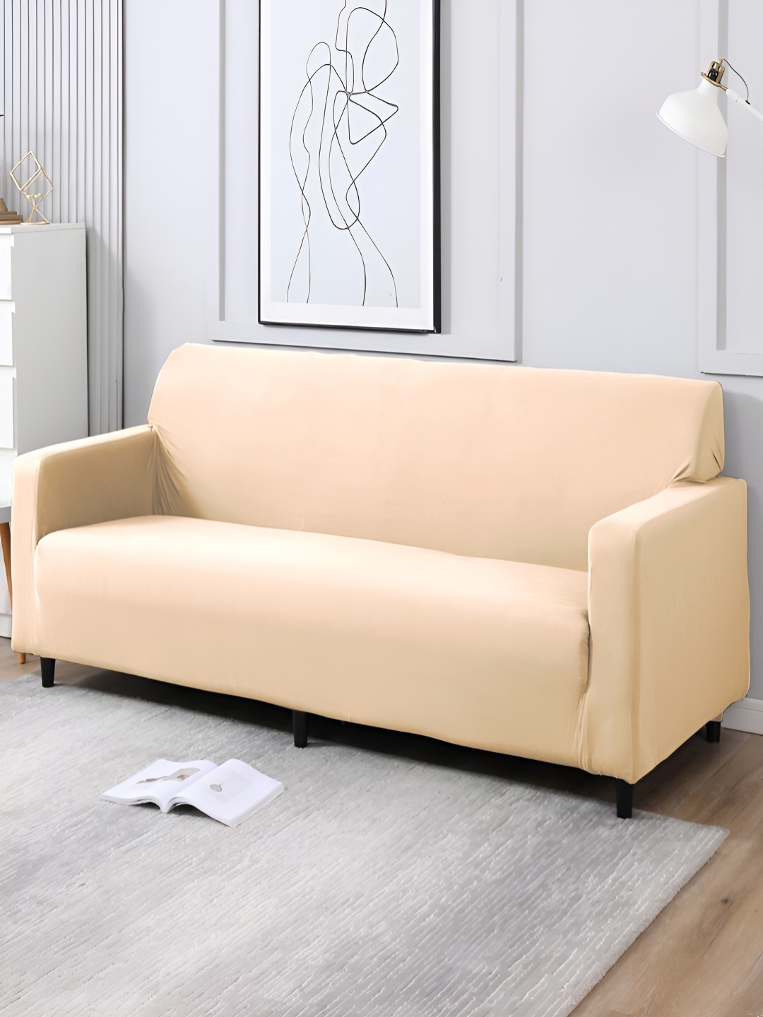 HOKIPO Beige Solid Stretchable 4 Seater Sofa Cover With Arms