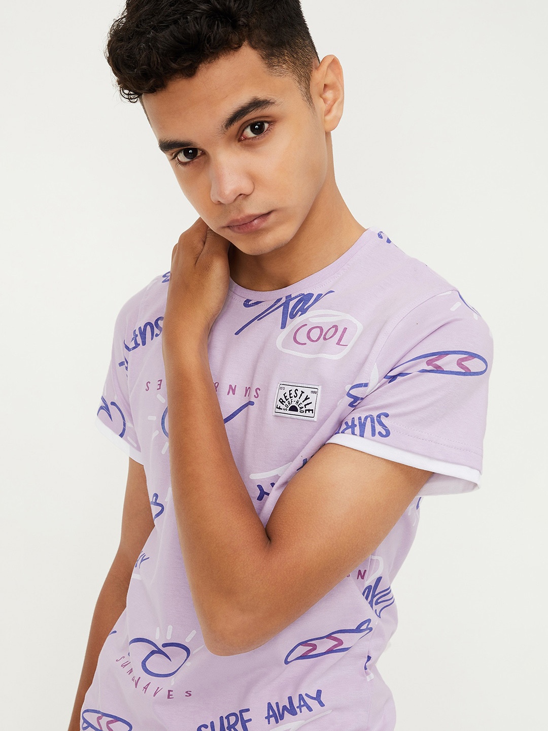 

max Boys Typography Printed Cotton T-shirt, Purple