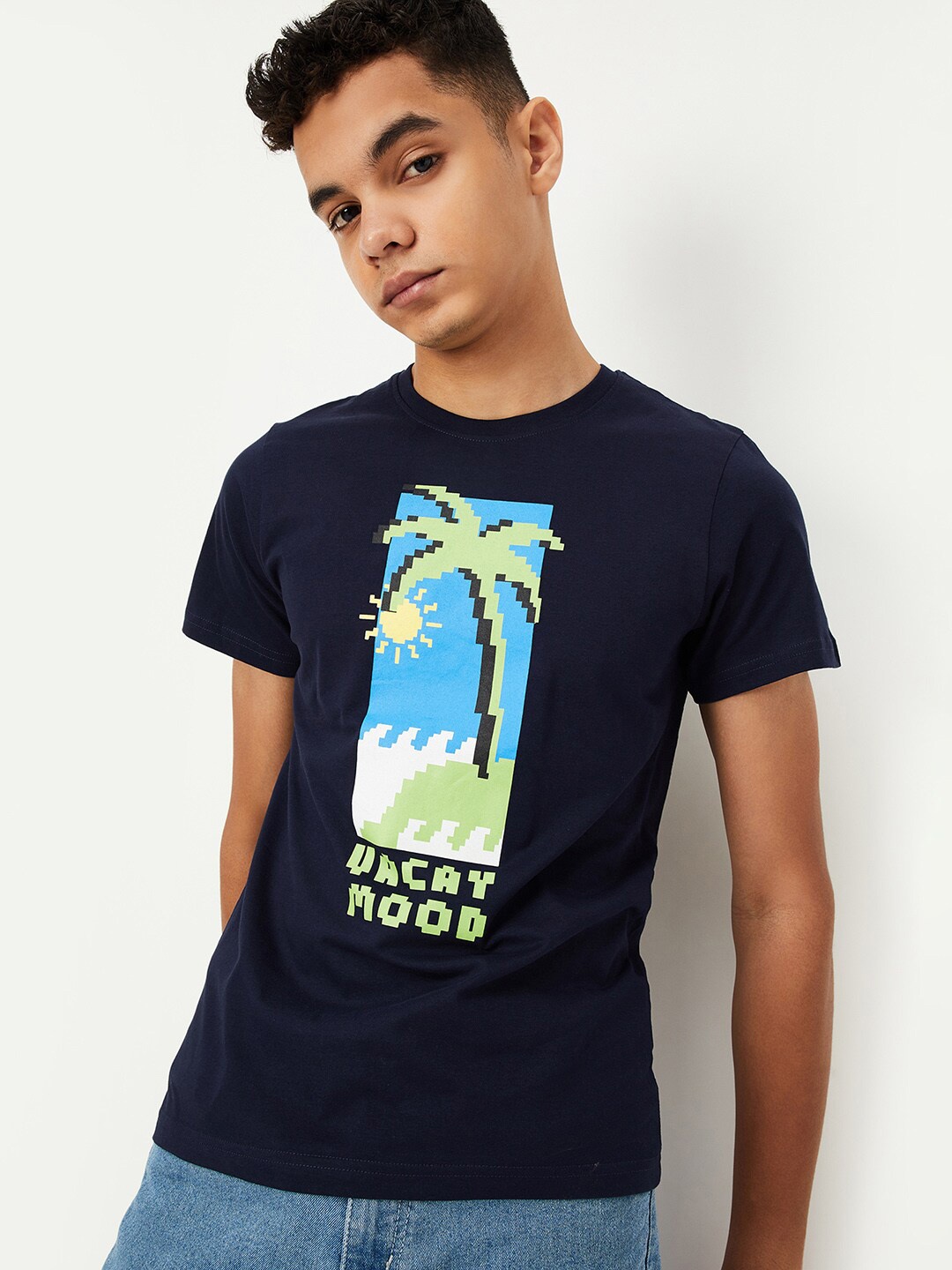 

max Boys Printed Cotton T-shirt, Navy blue