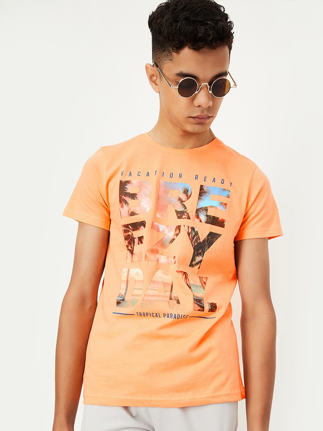 

max Boys Typography Printed Cotton Casual T-shirt, Orange