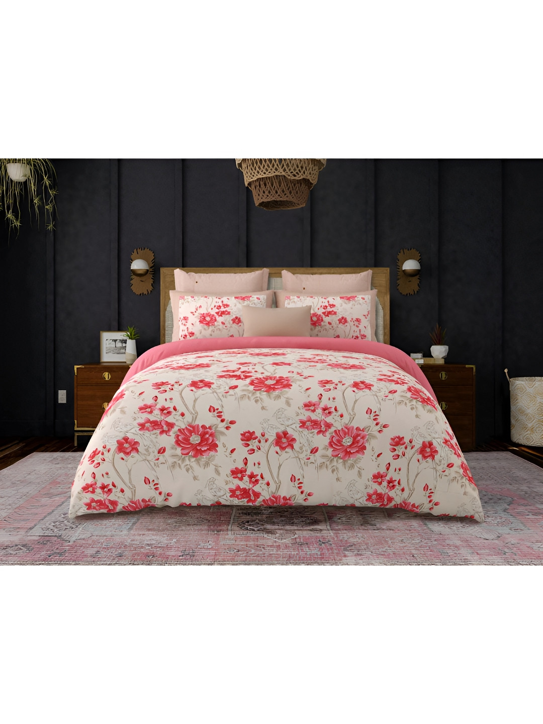 

Block Print Story White Floral Printed Cotton 210 TC King Bedsheet with 2 Pillow Covers, Pink