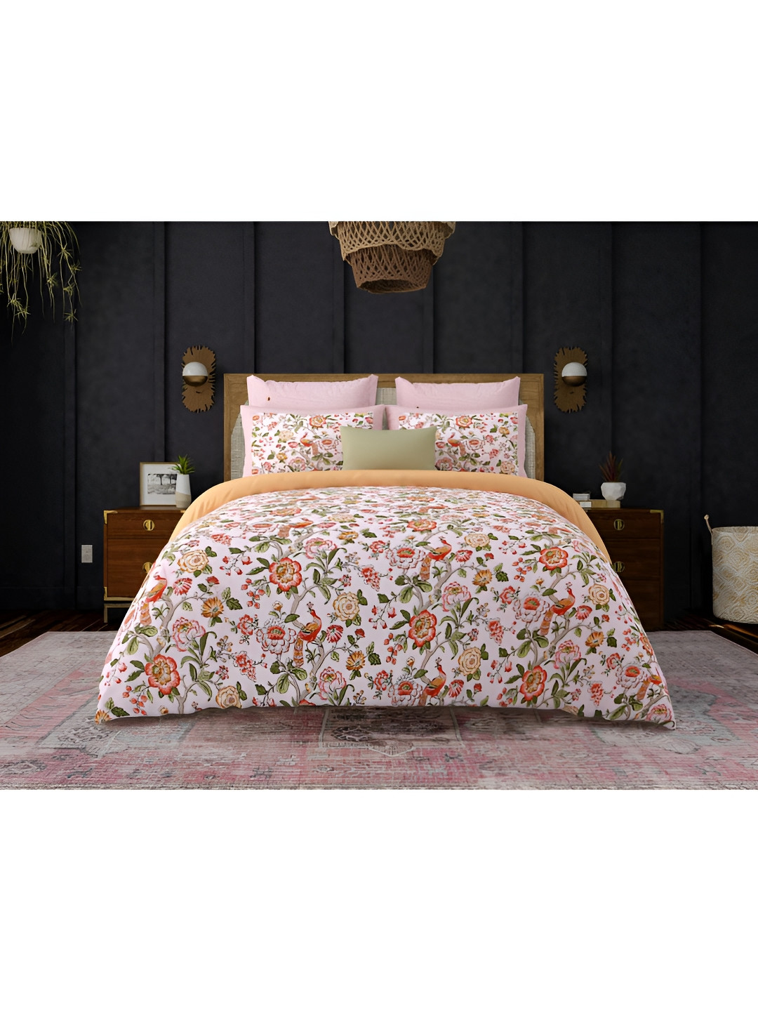 

Block Print Story White Floral Printed Cotton 210 TC King Bedsheet with 2 Pillow Covers, Pink